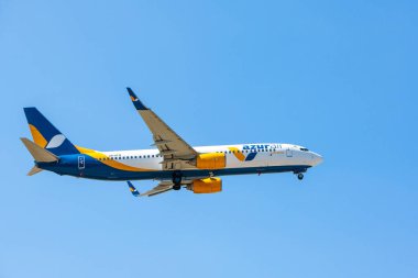 Boryspil, Ukraine - August 27, 2019 : Airplane Boeing 737-800 of AzurAir Airlines is landing in Boryspil International Airport