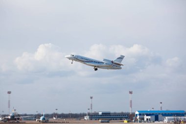 Boryspil, Ukraine - February 11, 2020: Airplane Dassault Falcon 7X  is taking-off  from Boryspil International Airport