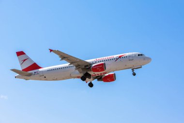 Boryspil, Ukraine - 10 Februaty 2020: Airplane Airbus A320 of  Austrian Airlines is landing in Boryspil International Airport