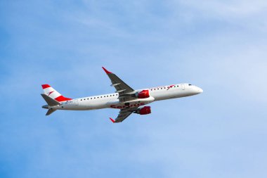 Boryspil, Ukraine - February 11, 2020: Airplane Embraer 190-200LR of Austrian Airlines is taking-off  from Boryspil International Airport
