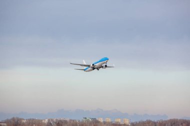 Boryspil, Ukraine - February 11, 2020: Airplane Boeing 737-300 of  KLM Royal Dutch Airlines is taking off from Boryspil International Airport