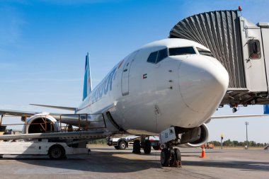 Boryspil, Ukrayna - 10 Eylül 2019: Boryspil Uluslararası Havalimanı Flydubai 'nin Boeing 737-800 uçağı