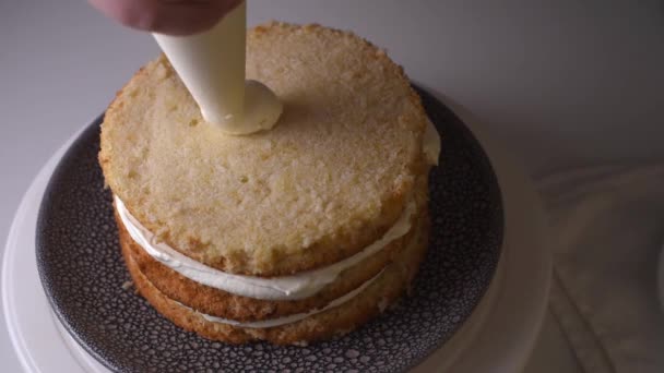 Cukrásznő Krémet Öntött Piskótába Tésztazsákkal Közelről Cukrász Házi Készítésű Tortát — Stock videók