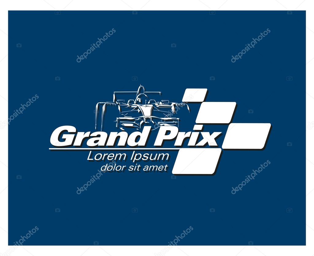 Logo grand prix formula car racing event , with a checker flag shape element , as well as highlighting formula one racing car