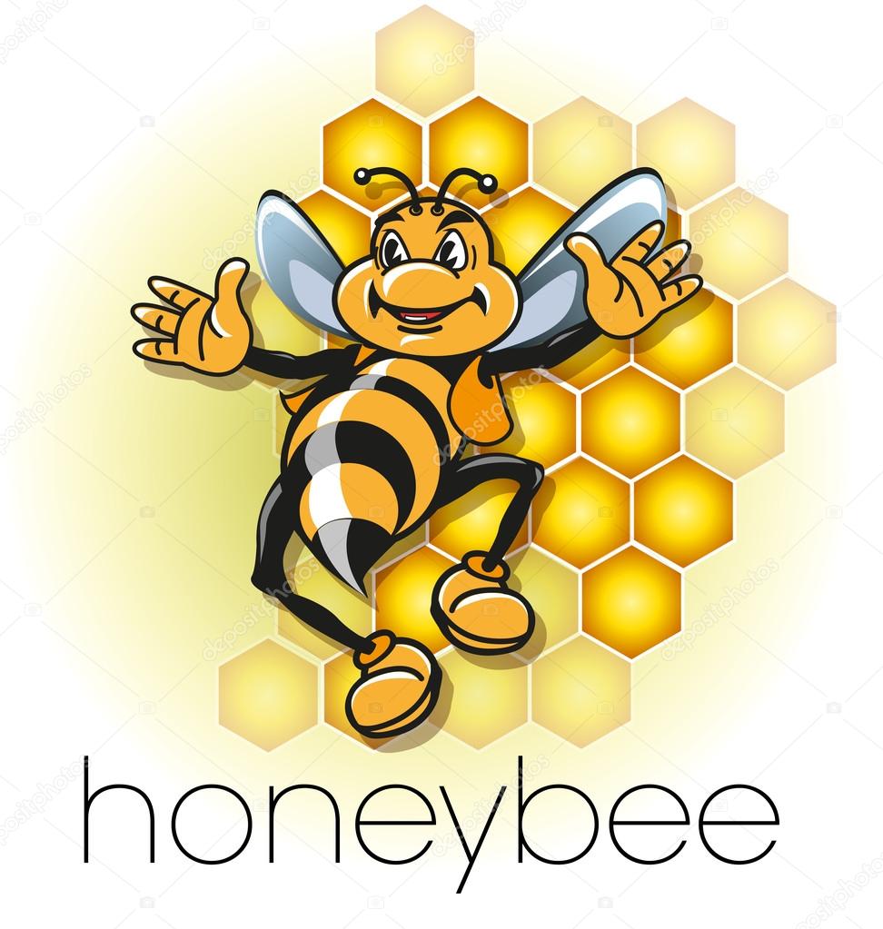 Mascot honeybee seen jumping cheerful, with a honeycomb background