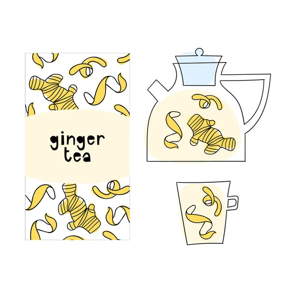 Verpackungsdesign für Ingwer und Zitronentee, Teekanne, Tasse. Handgezeichnete Doodle Illustration von gesundem Getränk. — Stockvektor