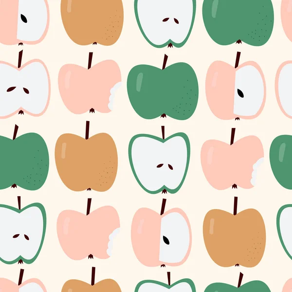 Apples nahtloses Muster. Nette Vektorillustration von Gartenäpfeln: ganz, halb, gebissen. — Stockvektor