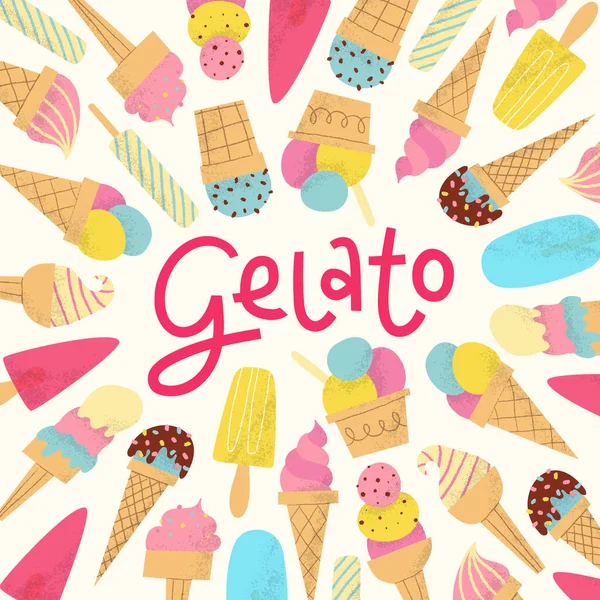 Rahmen aus Gelato mit Schriftzug. Bleiben Sie cool Zitat Poster mit Sommer-Desserts. — Stockvektor
