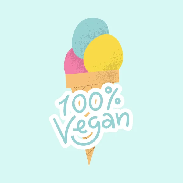 Gelato Vegan logo con lettering. Sorbetto dolce alla frutta surgelata senza latticini carino in cono. — Vettoriale Stock