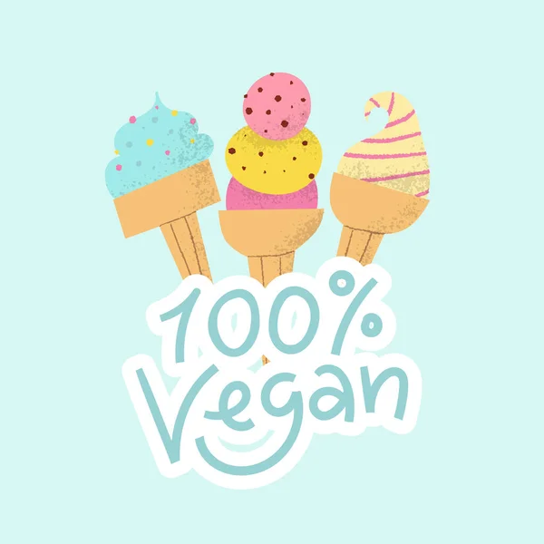 Gelato Vegan logo con lettering. carino latticini gratis frutta surgelata dessert set in coni. — Vettoriale Stock