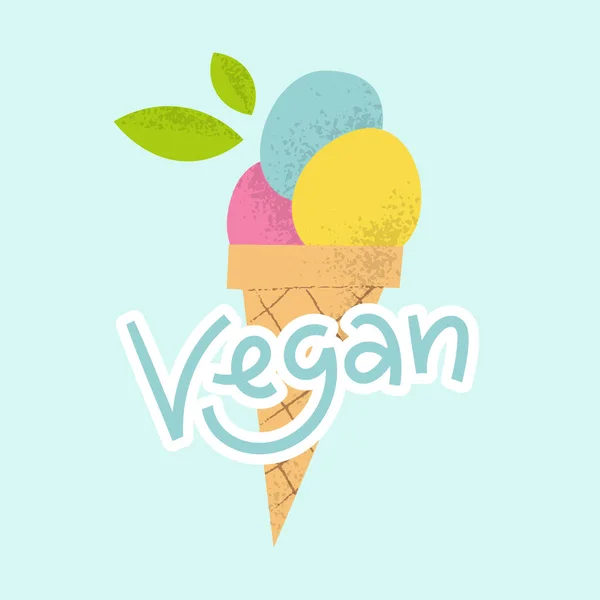 Gelato Vegan logo con lettering. Sorbetto dolce alla frutta surgelata senza latticini carino in cono con foglia. — Vettoriale Stock