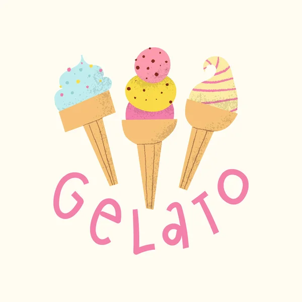 Gelato Logo mit Schriftzug. Niedliche italienische Tiefkühlfrucht-Dessert in Zapfen. — Stockvektor