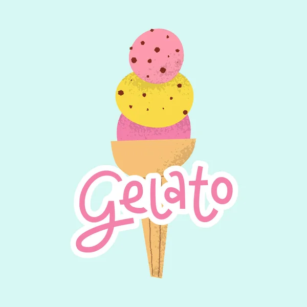 Gelato Logo mit Schriftzug. Niedliche italienische Tiefkühlfrucht-Dessert in Kegel mit Schokoladenbrösel. — Stockvektor