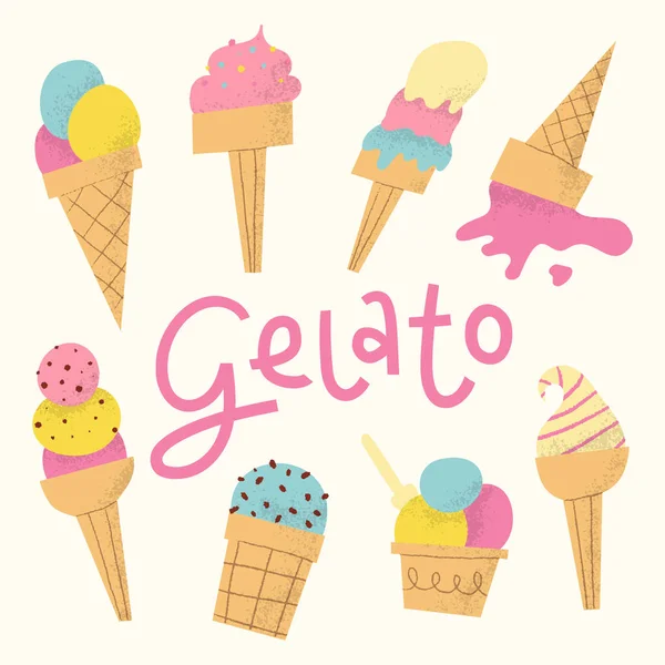 Gelato Set mit Schriftzug. Süßes italienisches Dessert mit gefrorenen Früchten in Kegel oder Tasse. — Stockvektor