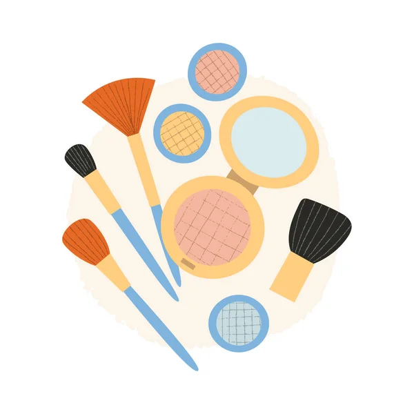 Set pennelli per trucco. Set piatto disegnato a mano di prodotti di bellezza: polvere arrossita e compatta. — Vettoriale Stock