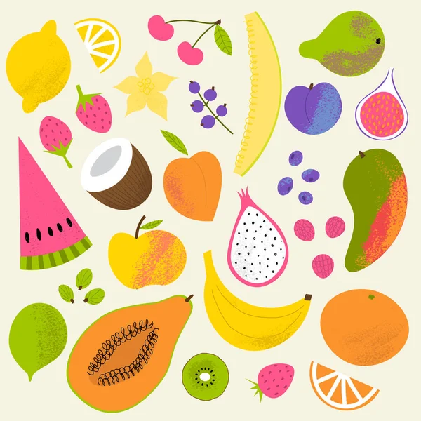 Obst handgezeichnetes Set. Flach strukturierte Doodle-Beeren und Früchte: Erdbeere, Apfel, Wassermelone. — Stockvektor