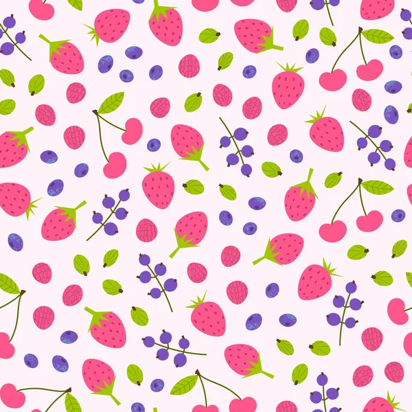 Gartenbeeren-Muster. Niedliche nahtlose Hintergrund mit Erdbeere, Kirsche, Blaubeere, Himbeere. — Stockvektor