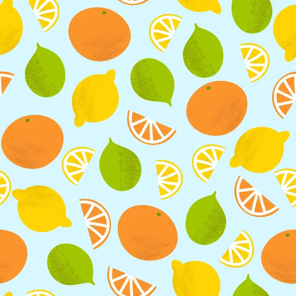 Zitrusmuster mit Zitrone, Orange und Limette auf blauem Hintergrund. Frische einfache Früchte Sommer Druck. — Stockvektor