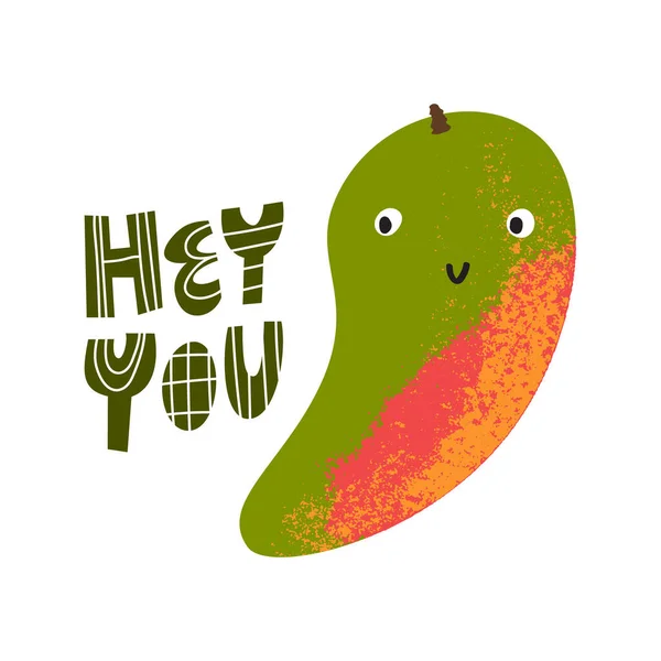 Cute mango summer greeting card. Hey you lettering with fresh fruit print for kids or party. — Stok Vektör