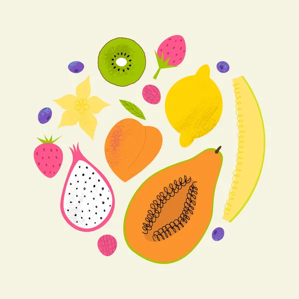 Owocowy, letni druk. Słodki tropikalny skład z owocami: cytryną, owocami smoczymi i innymi. — Wektor stockowy