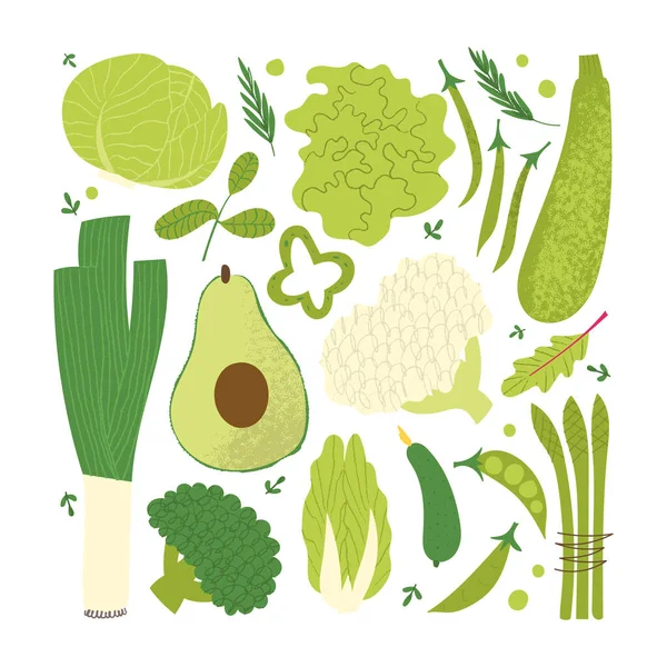 Set di verdure verdi. Verdure piatte trafilate a mano: lattuga, asparagi, avocado, cetriolo. — Vettoriale Stock