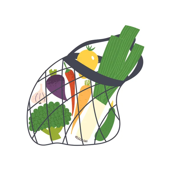 Bolsa de compras de malla ecológica con verduras. Comprador neto para concepto de cero residuos. — Vector de stock