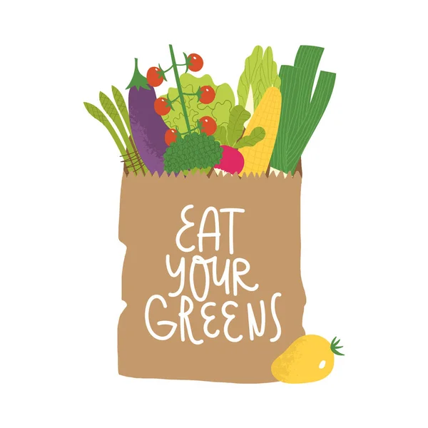 Bolsa de papel con verduras. Concepto de compras. Coma sus letras verdes. — Vector de stock