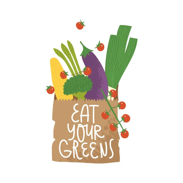 Sacchetto di carta con verdure. Concetto di spesa. Mangia il tuo lettering Verdi. — Vettoriale Stock
