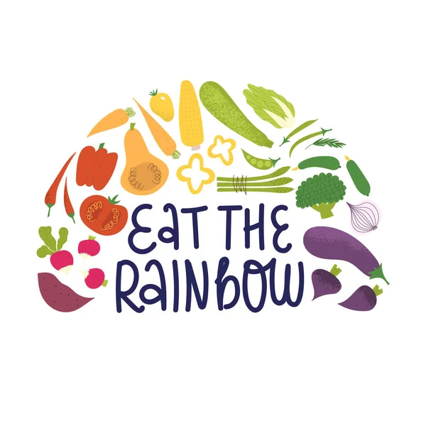 Eat the rainbow concept. Healthy vegan eating awareness poster. — Stock Vector