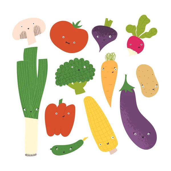 Verduras lindas con caras graciosas. Alimento sano plano dibujado a mano con diferentes emociones. — Vector de stock