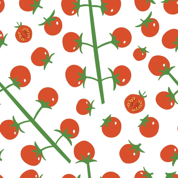 Cherry Tomato Muster. Frischer saftiger Sommerprint für die Küche. Flache handgezogene winzige Tomaten. — Stockvektor