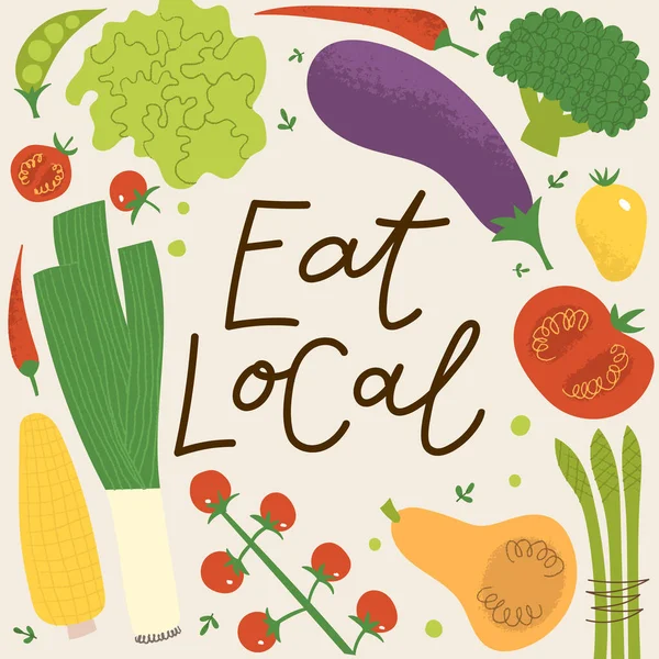 Coma pancartas locales para el mercado de agricultores. Letras dibujadas a mano con ilustraciones planas de verduras. — Vector de stock
