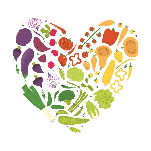 Conjunto de verduras en forma de corazón. Cartel de conciencia alimentaria vegana saludable. — Vector de stock