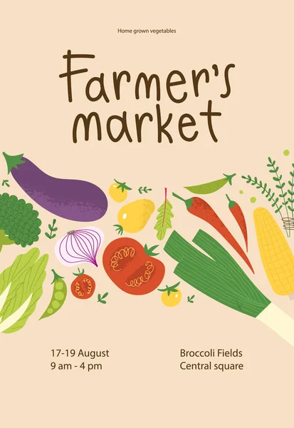 Bönder marknaden affisch design. Färska lokala grönsaker i trendiga flygblad för matfestival. — Stock vektor