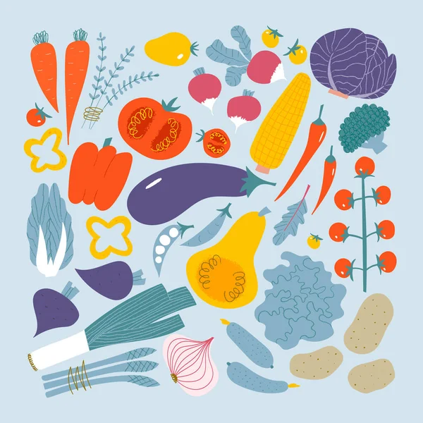 Conjunto de verduras. Vegetales con textura de garabato lindo: tomate, remolacha, cebolla, pimienta, maíz, berenjena. — Vector de stock