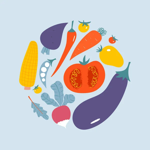 Vegetabilisk cirkelsammansättning. Trendig platt handritad affisch med aubergine, tomat. — Stock vektor
