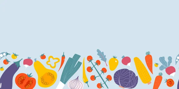 Mangia striscioni locali per il mercato agricolo. lettering disegnato a mano con illustrazioni piatte di verdure. — Vettoriale Stock
