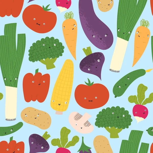 Verduras lindas con caras divertidas en patrón sin costuras. Dibujado a mano comida sana plana con emociones. — Vector de stock