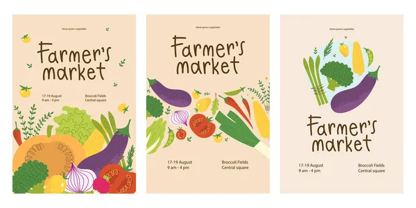 A mezőgazdasági termelők plakáttervező készlete. Friss helyi zöldségek trendi szórólapokon ételfesztiválra. — Stock Vector