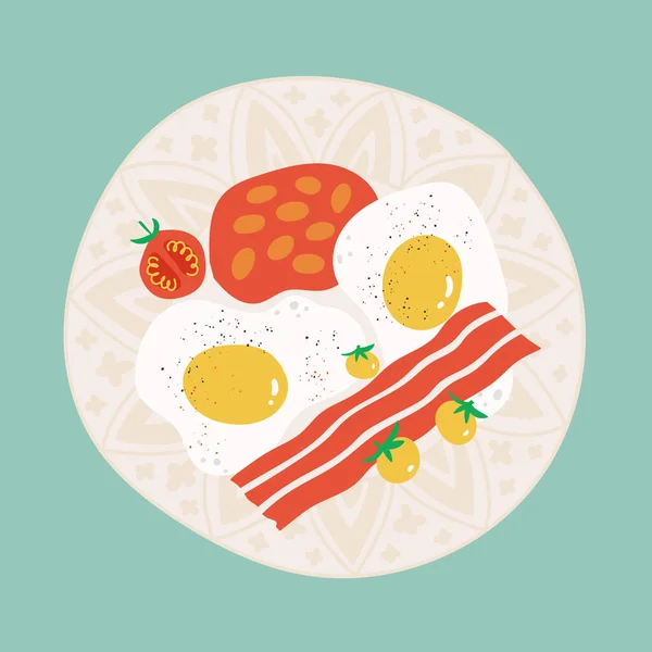 Жареные яйца, бекон и бобы на завтрак. Горячий вид на здоровую утреннюю еду на тарелке. — стоковый вектор