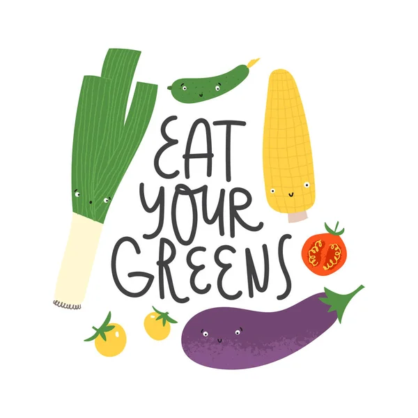 Cómete tus letras verdes. Lindos personajes vegetales dibujados a mano con caras alegres. — Vector de stock