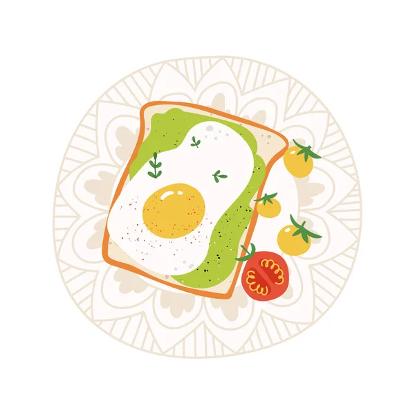 Avocado-Toast mit Spiegelei auf einem Teller. Flaches handgezeichnetes texturiertes gesundes Frühstückskonzept. — Stockvektor