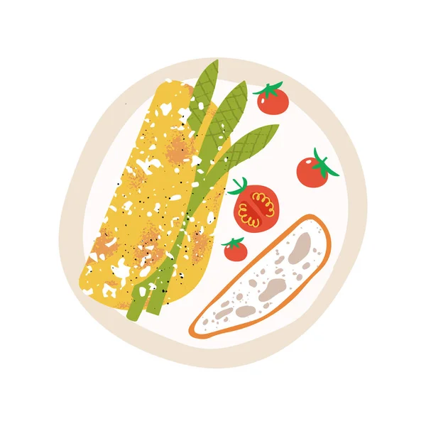 Omelet met asperges en feta kaas. Gezond eiwitontbijt op een bord met tomaten. — Stockvector