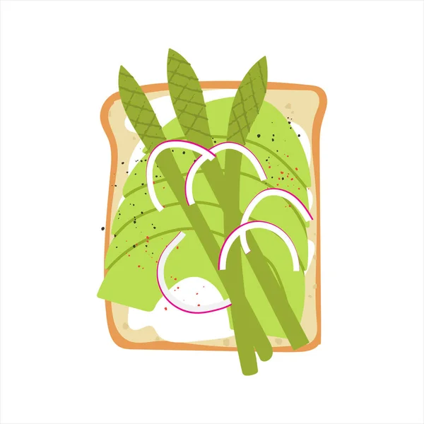 Avocado-Toast mit Spargel. Niedliches veganes gesundes Frühstück. Flaches handgezeichnetes leckeres veganes Sandwich. — Stockvektor