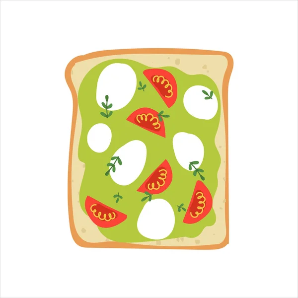 Avocado-Toast mit Mozzarella und Tomate. Niedliches vegetarisches gesundes Frühstück. Flaches handgezeichnetes leckeres Sandwich. — Stockvektor
