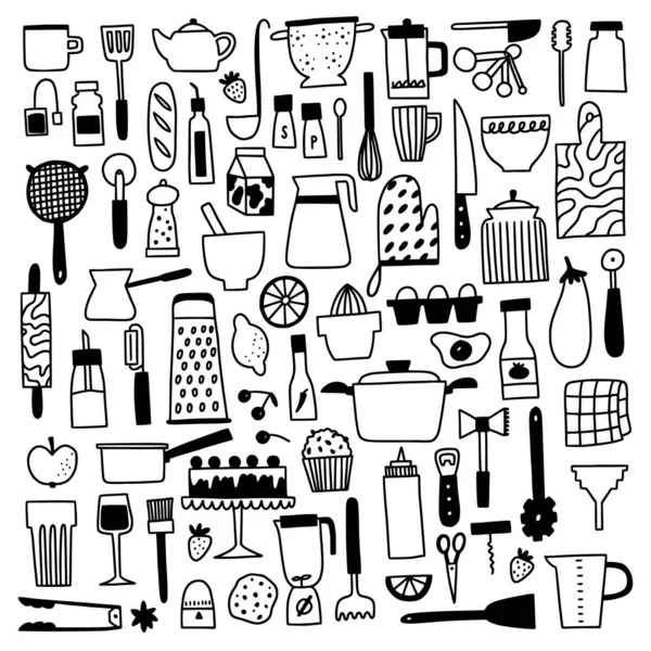 Kichenovy tužky a příbory. Doodle obrys vaření a pečení ilustrace. — Stockový vektor