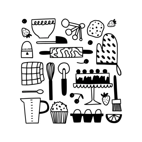 Baking utensils doodle set. Cute hand drawn icon illustration for bakery, kitchenware, cafe, recipe book print. — Stockový vektor