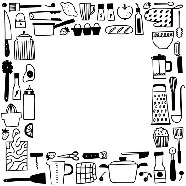 Kichen utencils and cutlery frame. Doodle outline cooking and baking square border. — Stockový vektor