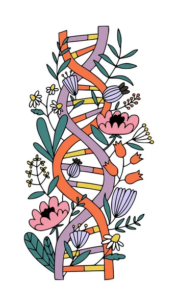 DNS spirál virágokkal. Biotechnológia és evolúciós orvostudomány. — Stock Vector