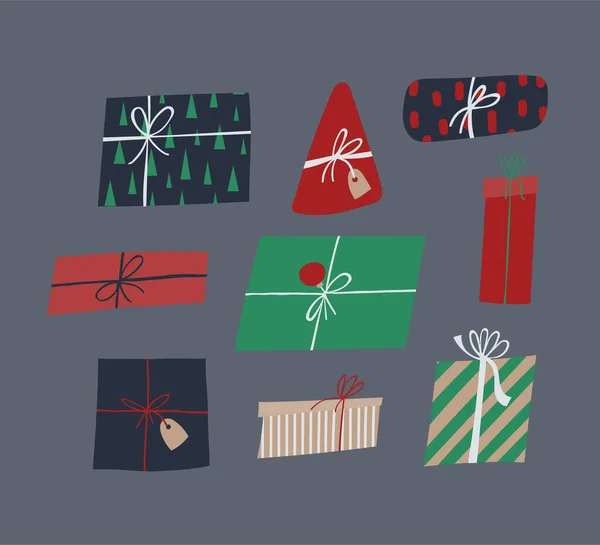 Weihnachtsgeschenkboxen Set vorhanden. Niedliche flache Geschenke mit Schleife, Schleife und Etikett. — Stockvektor